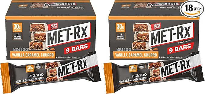 MET-Rx Big 100 Colossal Protein Bars, Vanilla Caramel Churro Meal Replacement Bars, Brown, 9 Count (Pack of 2)