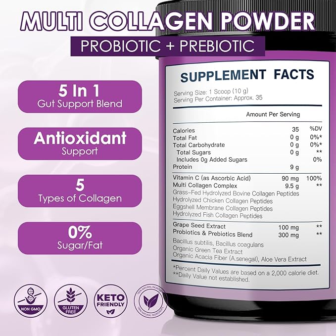 DRFOSTER Collagen Peptides Powder with Probiotics - Hydrolyzed Collagen Type I II III V X with Antioxidant Blend - Multi Collagen for Women Support Skin Hair Nail Joints & Gut, 35 Servings, Non-GMO