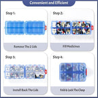 Foldable Weekly Pill Organizer 2 Times a Day with 2 Extra Compartments - Etched Labels - Portable 7 Day AM PM Medicine Box, Week Daily Travel Pill Case Holder for Meds, Vitamin, Supplement -Clear Blue