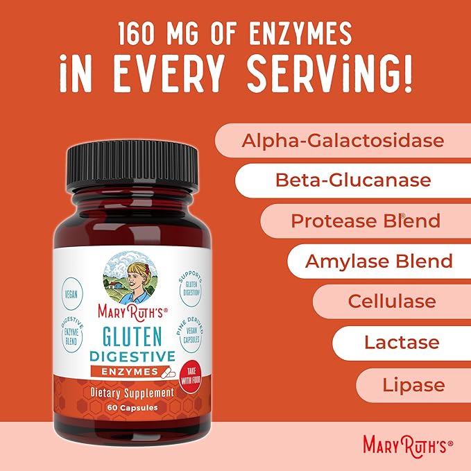 MaryRuth’s Gluten Digestive Enzymes | Up to 2 Month Supply | Proprietary Enzyme Blend | Vegan Pine-Based Capsules | Non-GMO | 60 Count