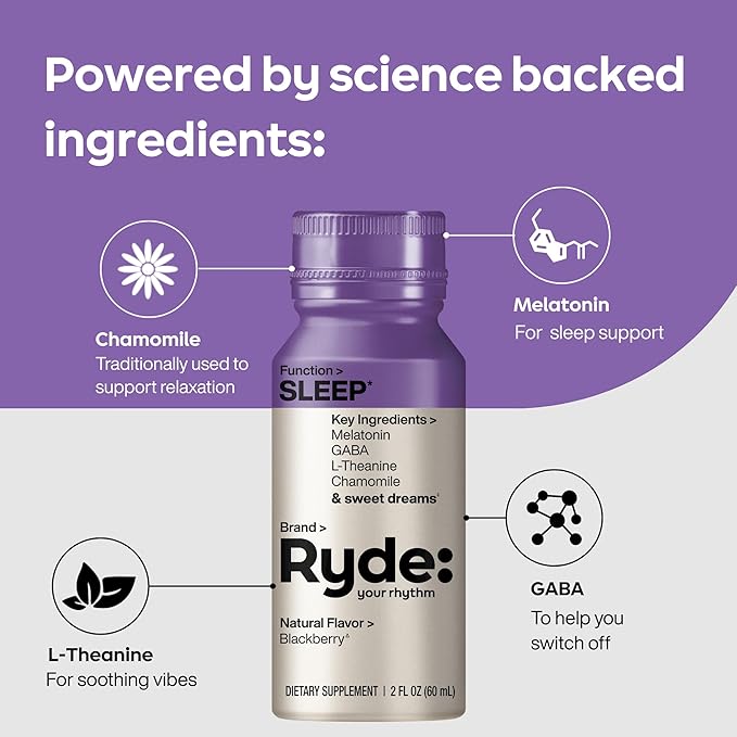 Ryde: SLEEP | 2oz Sleep Shot for Occasional Use | Melatonin, GABA, L-Theanine & Chamomile | Blackberry Natural Flavor | Sugar-Free, Zero Calories, Vegan | Manufactured in USA (24 Pack)