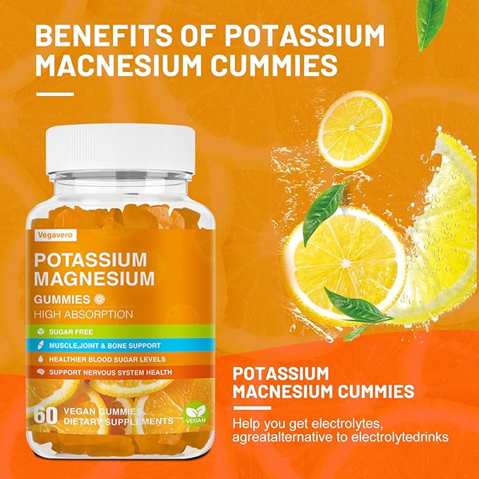 Potassium Magnesium Gummies - Magnesium Glycinate B6,D3 & Potassium Citrate for Leg Cramps,Muscle,Electroyte for Adults Kids,Sugar-Free - 60 Orange Gummies