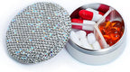 Small Pill Case 3 Compartments, Metal Round Portable Pill Box, Waterproof Travel Pill Organizer, Pocket Purse Medicine Vitamin Holder EDC Container (Silver with Rhinestone)