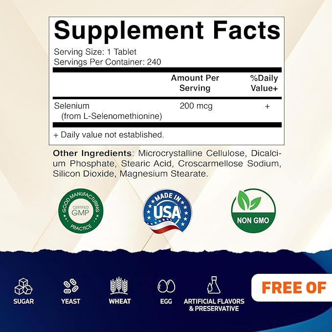 Vitamatic Yeast Free Selenium 200mcg as Selenomethionine Supplement Essential Trace Mineral with Superior Absorption 240 Tablets