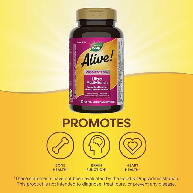 Nature’s Way Alive! Ultra Potency Multivitamin for Women 50 Plus, Complete High Potency Formula with Vitamin D3, C, E, Methylated B12, Supports, Heart, Brain, and Bone Health*, 150 Tablets