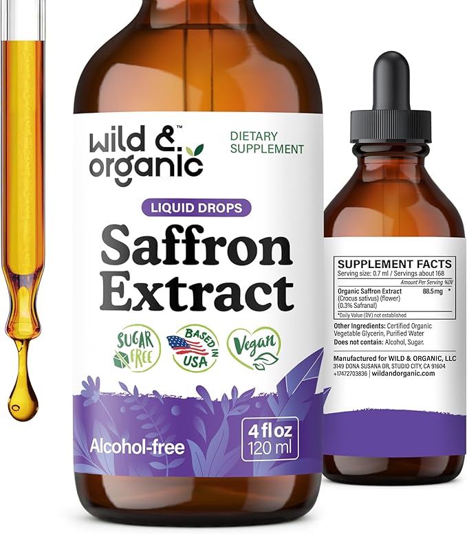 Wild & Organic Saffron Supplements 88.5 mg - 5-Month Supply - Saffron Extract Drops for Mood, Focus, Eye Support - Crocus Sativus Liquid Extract - Vegan, Alcohol & Sugar-Free Tincture - 4 fl oz