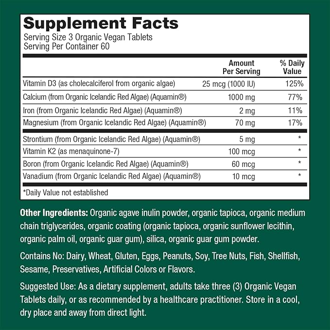 PlantFusion Organic Vegan Calcium, Premium Organic Plant Based Calcium (1000mg) Sourced from Icelandic Red Algae, Plus Magnesium, D3, K2, Iron and Boron, 180 Vegan Tablets
