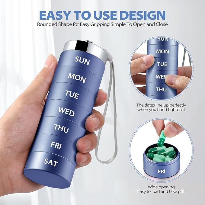 Metal Weekly Pill Organizer, Large Travel Pill Box, Portable Aluminum Alloy Waterproof Container, 7 Day Daily Medicine Organizer Holder for Vitamin, Fish Oil, Supplement, Dark Blue