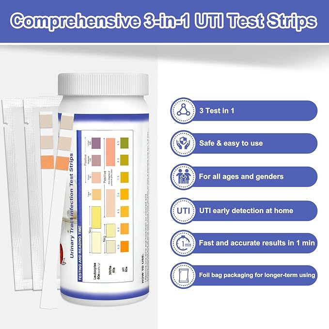 3-in-1 UTI Test Strips, Full Panel Urinary Tract Infection Test Kit at Home for Women Men Kids, Detection with Accurate Leukocytes, Nitrite, and PH Readings, Simple at-Home Urine Test Strips, 50ct