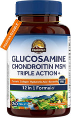 Vitalitown Glucosamine Chondroitin MSM | Collagen, Boswellia, Turmeric, Hyaluronic Acid, Bromelain | Triple Action+ Formula | 12 Ingredients | 240 Tablets, No Shellfish