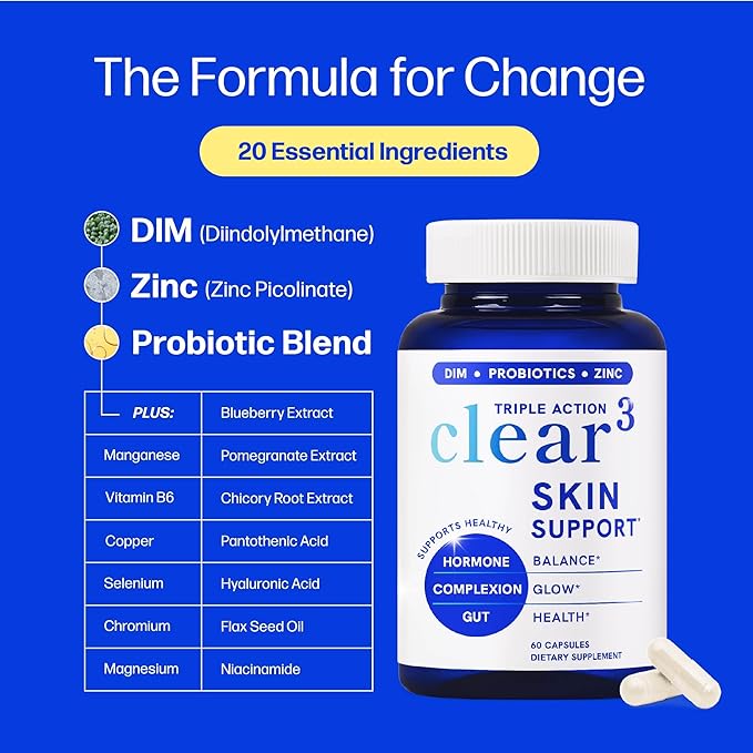 Clear Skin Supplement with Zinc, DIM & Probiotics | 3-in-1 Balance, Glow & Health Skin Support | Triple Action Hyaluronic Acid, Niaciminide & Vitamins for Hormone, Complexion & Gut Support | 60 Ct