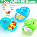 Serfeymi Weekly Travel Pill Organizer 2 Times A Day AM PM Upgraded Rainbow Pill Box 7 Day with Portable Zipper PU Leather Pill Case, Medicine Organizer for Pills, Vitamins, Fish Oils - Blue 01