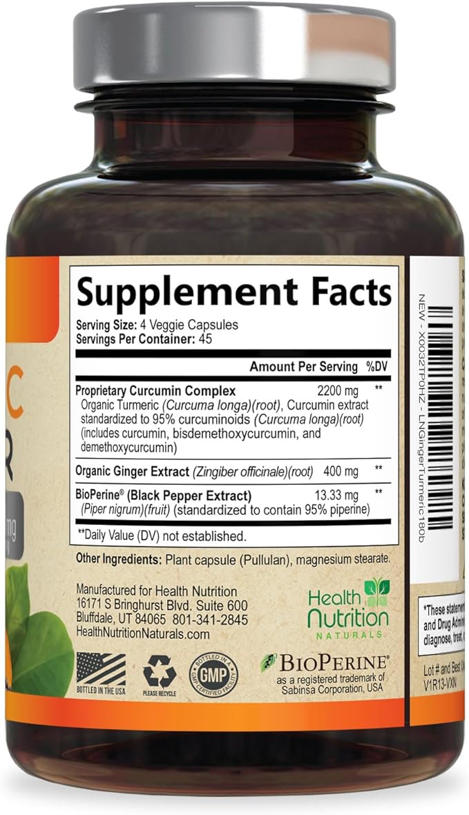 Turmeric Curcumin Supplement - 2200mg Curcumin Complex & 400mg Organic Ginger per Serving - 95% Curcuminoids & BioPerine Black Pepper for Best Absorption & Joint Support, Bottled in USA - 180 Capsules