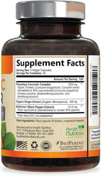Turmeric Curcumin Supplement - 2200mg Curcumin Complex & 400mg Organic Ginger per Serving - 95% Curcuminoids & BioPerine Black Pepper for Best Absorption & Joint Support, Bottled in USA - 180 Capsules