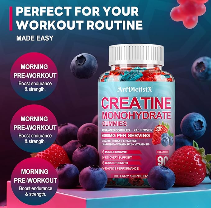 Creatine Monohydrate 8000mg Gummies with BCAA, L-Carnitine, Taurine & Vitamin B12 - Pre Workout Supplement for Muscle Growth, Strength & Energy, Multi-Flavor Chewable Gummies, 180 Count for Men Women