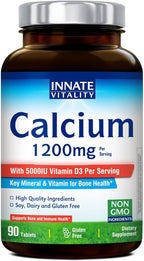 Innate Vitality Calcium 1200 mg with Vitamin D3, 5000IU Vitamin D3, Absorbable Calcium Supplement, Non GMO, No Gluten, for Bone, Immunity, 90 Tablets