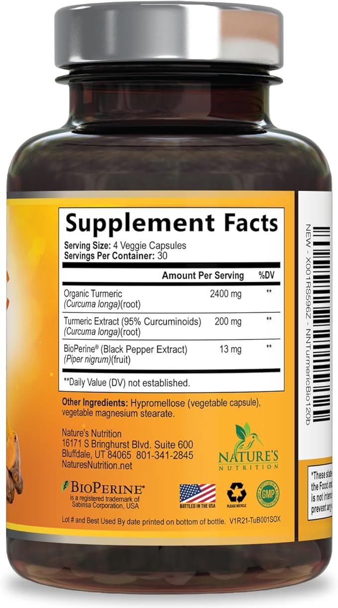 Turmeric Curcumin Supplement - 2400mg Organic Turmeric Per Serving - 95% Curcuminoids & BioPerine Black Pepper Extract for Best Absorption - Natural Vegan Joint Support, Bottled in USA - 120 Capsules