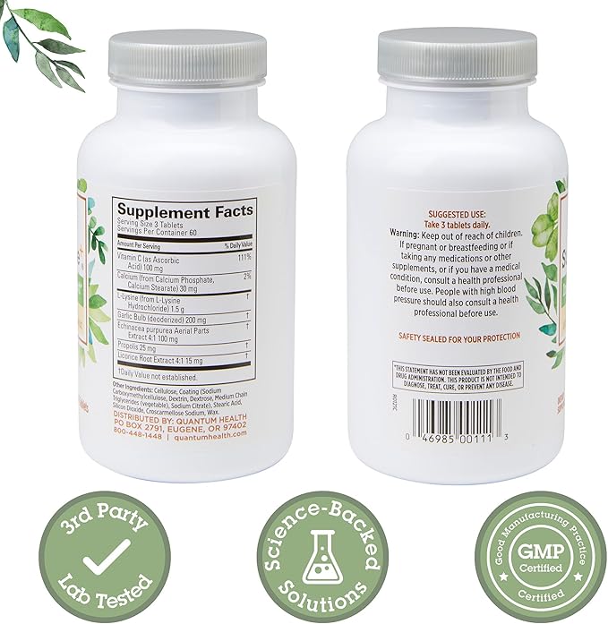 Quantum Health Super Lysine+ / Advanced Formula Lysine+ Immune Support with Vitamin C, Echinacea, Licorice, Propolis, Odorless Garlic (180 Tablets), Packaging may vary