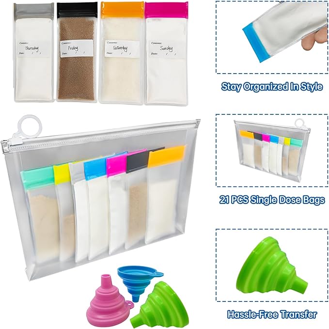 14PCS Protein Powder Travel Container Set, Reusable Powder Supplement Container To Go Reusable Protein Powder Bags and 2pc Large Standable Zip Bags for Workout, Fitness, Travel