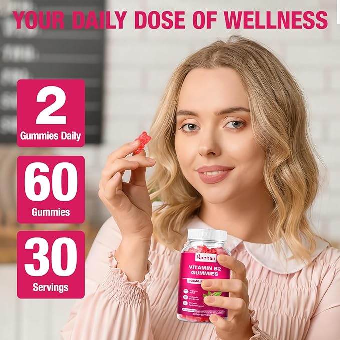 Haohan Vitamin B2 400mg with Magnesium Gummies for Migraine and Nervous System Support in Sugar-Free Vegan Raspberry Flavor, 60 Count for Adults and Kids