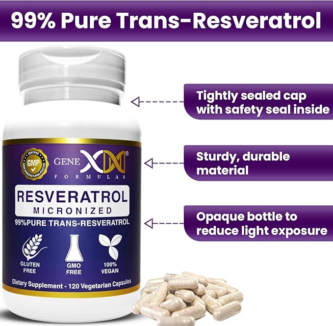Genex Formulas Trans Resveratrol 1000mg Serving 99% Pure Micronized Pharmaceutical Grade Trans-Resveratrol + Bioperine Extract mad in a GMP & NSF Certified Facility (4X 250mg Cpasules 120ct)