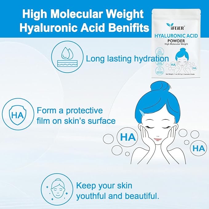 iFEiER Hyaluronic Acid Powder | High Molecular Weight Hyaluronic Acid Serum Powder | 1oz(28.3g) Cosmetics Grade | Sodium Hyaluronate | LMW HMW HA ingredient to make gel for DIY Serums