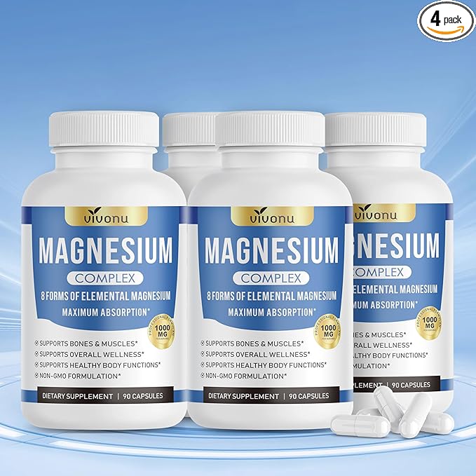 1000mg Magnesium Complex Capsules, 8 Elemental with Magnesium Glycinate, Citrate, Malate, Taurate, Oxide, Carbonate, Aspartate, Orotate for Bones, Muscle, Recovery, Energy, Vegan Non-GMO, 4 Bottle