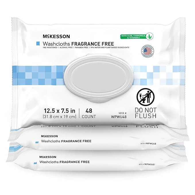 McKesson Washcloth Wipes, Unscented - Disposable Wet Wipes for Adults - Fragrance-Free, Paraben-Free - No-Rinse Formula, 48 Count, 3 Packs, 144 Total