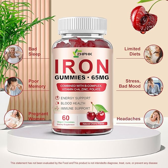 Iron Supplement for Women, Men & Kids, Iron 65mg & Vitamin C 250mg per Serving with B6 B12 Folate- Energy Support for Iron Deficiency, Anemia, Vegan Gummy Cherry Flavor, 60 Count