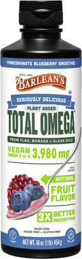 Barlean's Vegan Omega 3 6 9 Flaxseed, Borage and Algae Oil Liquid Supplement, Pomegranate Blueberry, 3,980 mg GLA, EPA and DHA Fatty Acid, Vegan, 16 oz