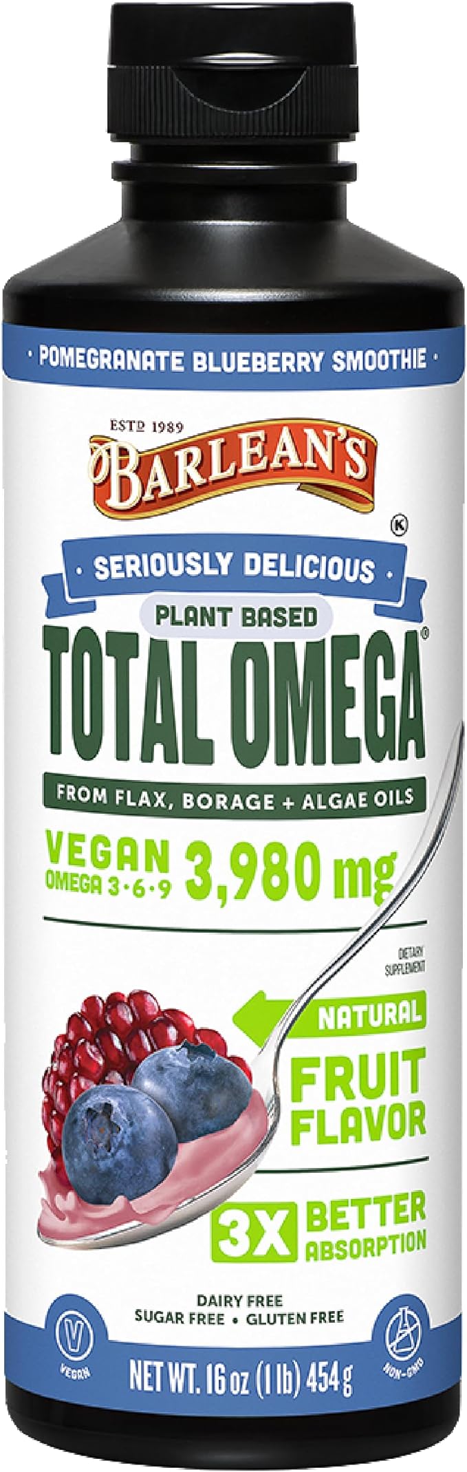 Barlean's Vegan Omega 3 6 9 Flaxseed, Borage and Algae Oil Liquid Supplement, Pomegranate Blueberry, 3,980 mg GLA, EPA and DHA Fatty Acid, Vegan, 16 oz