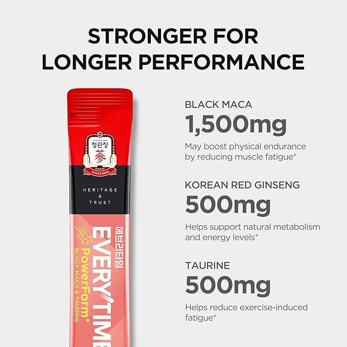 JUNG KWAN JANG Everytime PowerForm - Intra Workout Herbal Energy Drink Packets with Korean Red Ginseng, Black Maca Root & Taurine - Non GMO (0.33 fl oz, 10 Sticks)