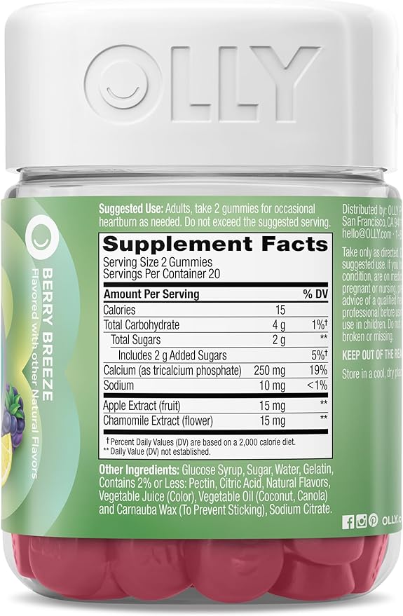 OLLY Heartburn Helper Gummy Supplement, Fast Relief of Occasional Heartburn,* Tricalcium Phosphate, Berry Breeze Flavored, 20 Servings - 40 Count