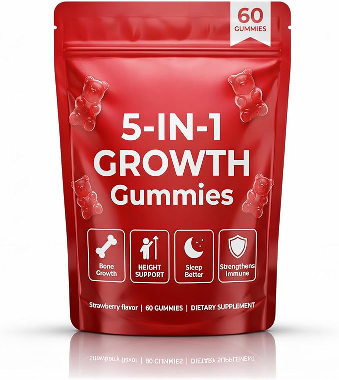 5-in-1 Growth Gummies with Amino Acids, Vitamin D3 & K2, Strawberry Flavor Chewable Supplement, 60 Count