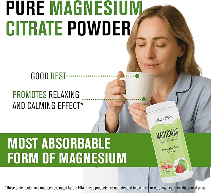 NaturalSlim Magicmag Pure Magnesium Citrate Powder – Stress, Constipation, Muscle, and Heart Support | Natural Strawberry & Lime Flavored Magnesium Supplement - 8oz Drink Mix (3 Pack)