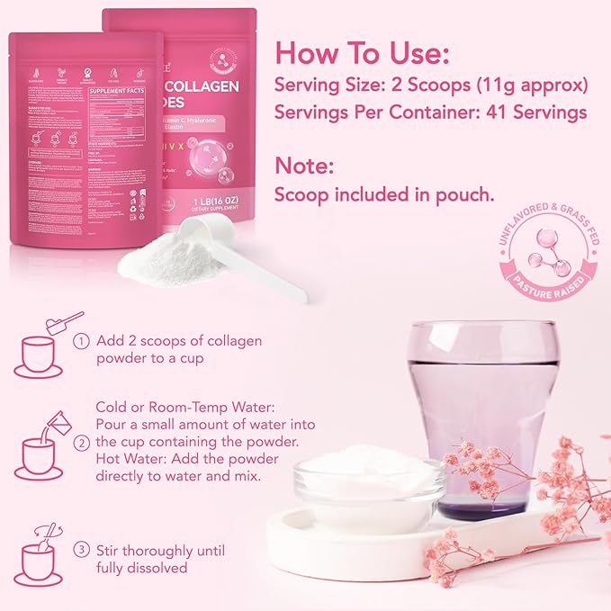 Multi Collagen Peptides Powder, 1 lb Unflavored Hydrolyzed Collagen Types I, II, III, V, X，16 oz (41 Servings)-Hyaluronic Acid Power,Grass Fed Collagen Supplements for Women and Men, Non GMO
