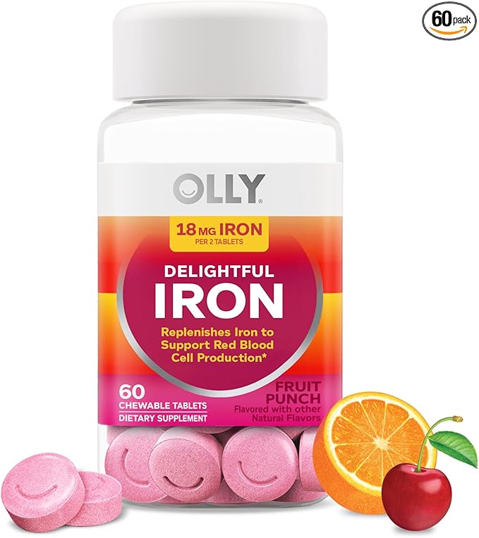 OLLY Delightful Iron Chewable Tablet, Iron Supplement from AB Fortis, Fruit Punch Flavored, 30 or 20 Day Supply - 60 Count