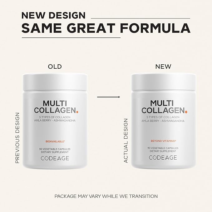 Codeage Multi Collagen Peptides Protein Capsules, 5 Collagen Types, Grass-Fed & Hydrolyzed Bovine Collagen Pills Supplement, Ashwagandha, Amla Berry Vitamins, Collagen Peptides - 90 Capsules
