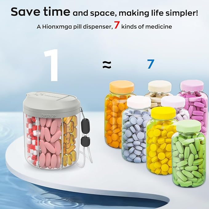 HIONXMGA Pill Dispenser with 7 Large Compartments, Pill Bottle Organizer for Travel, Supplement Organizer with Anti-Mixing Design, BPA-Free Pill Container with 20 Pcs Labels, Grey