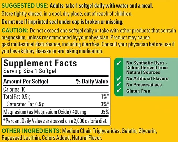 Nature Made High Potency Magnesium 400 mg - 150 Liquid Softgels,(Pack of 2)