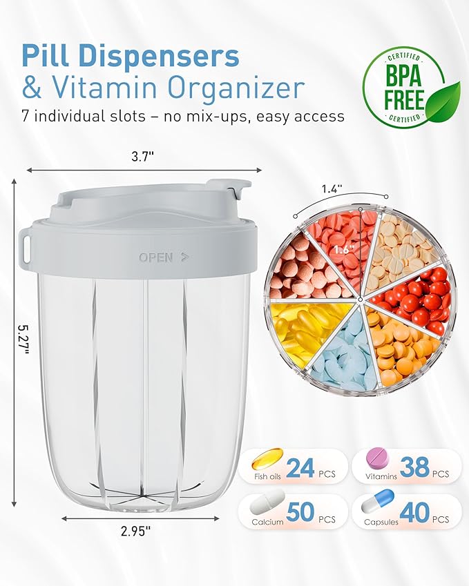 Large Pill Organizer,Supplement Organizer for 7 Different Vitamins,Pill Dispenser with Anti-Mixing Design,Easy to Retrieve Meds,Includes 20 Pcs Labels,Travel Pill Organizer(Gray)