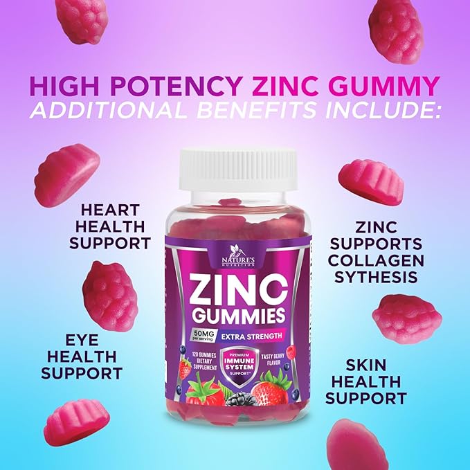 Zinc Gummies - 50mg Zinc Per Serving Immune Skin & Bone Support Health Gummy - Premium Antioxidant Chewable, High Absorption Vegan, Best Supplements Vitamin for Adults, Tasty Berry Flavor, 120 Gummies