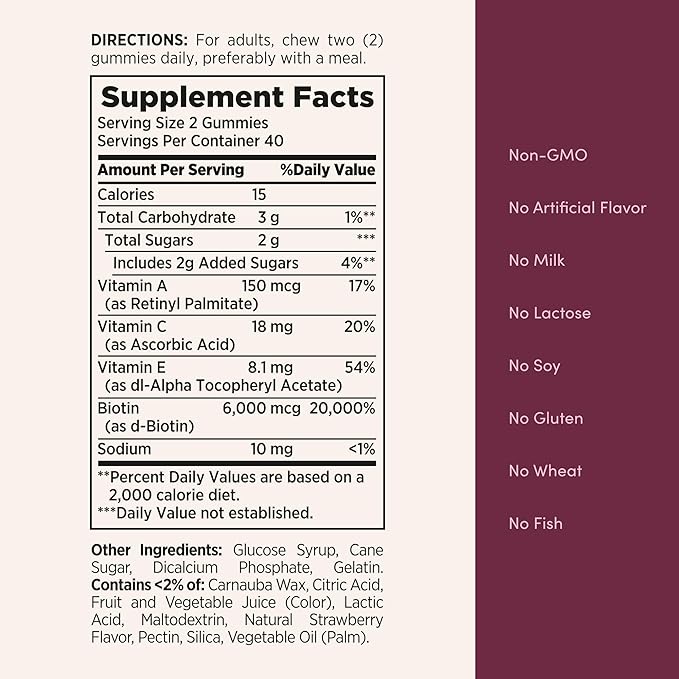 Nature's Bounty Optimal Solutions Advanced Hair, Skin, Nails, 2X Biotin, 80 Strawberry Gummies, 40 Total Servings