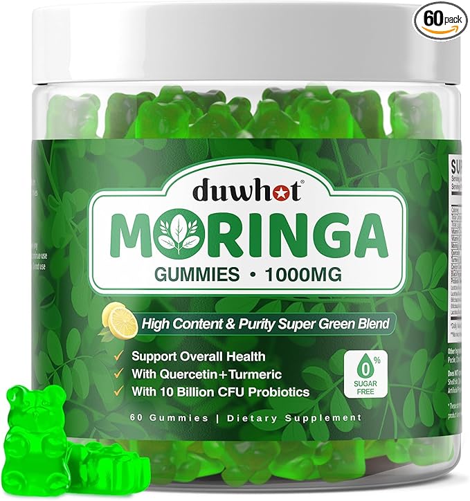 Moringa Gummies for Women Men, Pure Organic Moringa Leaf Extract Supplement with Vitamin C & E, Turmeric, Ceylon Cinnamon, Probiotics for Gut & Immune Health, Supergreen, Sugar-Free, Vegan, 60 Chews