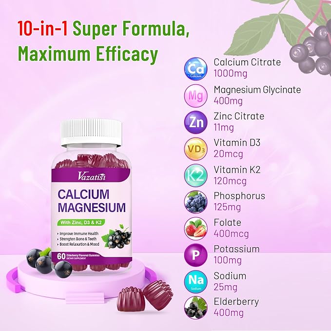 Calcium Magnesium Zinc Gummies with Vitamin D3 and K2, High Absorption Magnesium Glycinate Potassium for Immune and Muscles, Vegan Elderberry Flavor 120 Gummies
