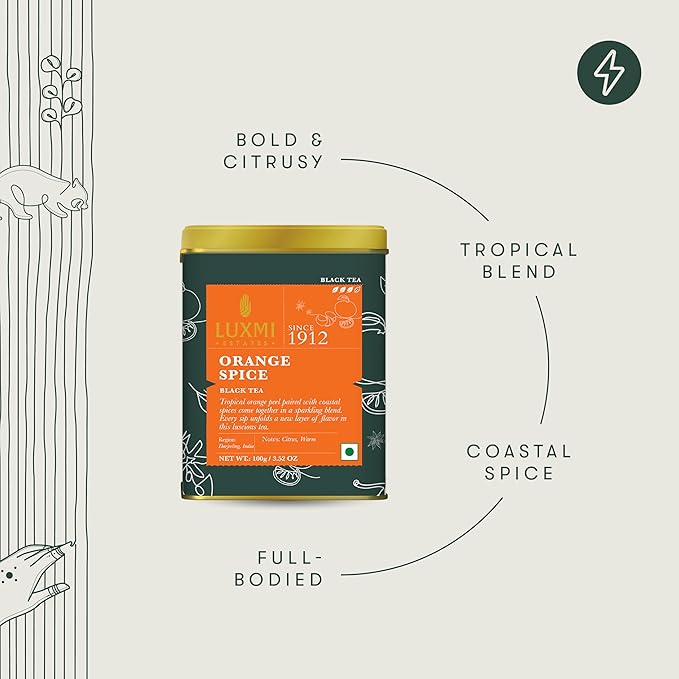 Luxmi Estates - Orange Spice - Black Darjeeling Tea - Loose Leaf - 100g (50 cups) | Special Edition Autumn Tea | Smooth, Flavorful, Robust and Caffeinated