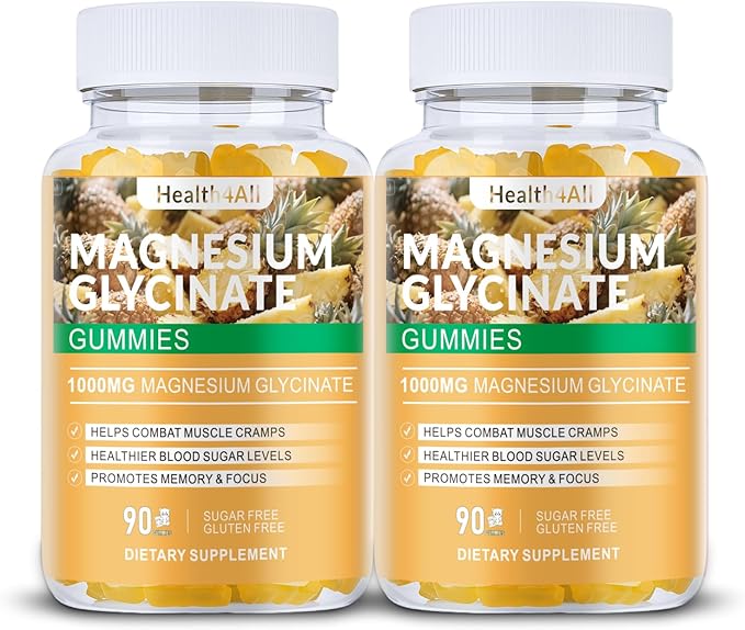 Magnesium Glycinate Gummies 1000mg, High Absorption Sugar Free Magnesium Potassium Supplement for Relaxation, Stress Relief, and Sleep Support for Adults & Kids - 180 Pineapple Gummies