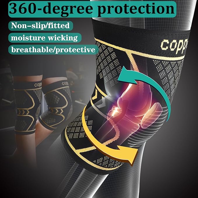 Copper Knee Braces for Women and Men 2 Pack, Knee Compression Sleeve for Knee Pain, Arthritis,ACL, Meniscus Tear, Joint Pain Relief, Knee Support for Running, Working Out, Fitness, Weightlifting-M