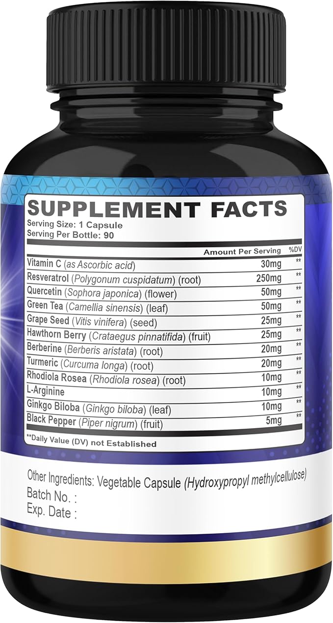 Organic Cadane Resveratrol Supplement - 12in1 Blended with VIT.C, Quercetin, Berberine, Turmeric, Green Tea & More - 90 Capsules 3 Month