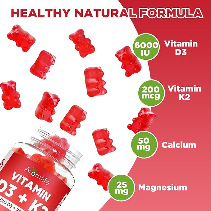 Aromlife Vitamin D3 K2 Gummies for Bone Teeth, 6000IU D3 + 200mcg K2 Per Serving High Absorption Vitamin Gummies with Calcium & Magnesium for Women Men, 60 Count Raspberry Flavor Vegan Gluten-Free